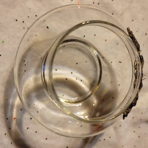 Vtg Pewter Bow Pinecone Accented Small Aquarium Shaped Round Clear Glass Bowl - Picture 3 of 4